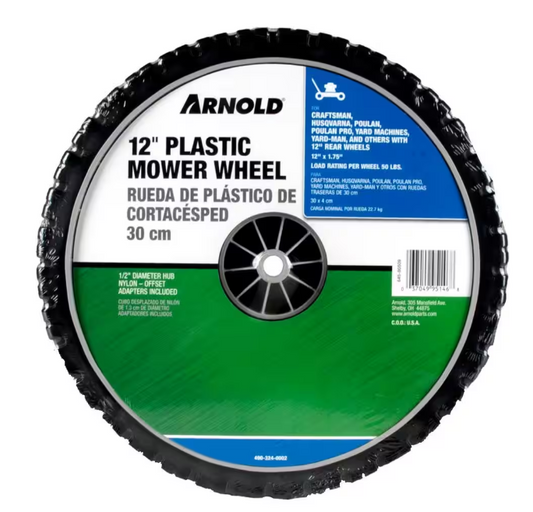 Arnold 12 in. x 1.75 in. Universal Plastic Wheel with 1/2 in. Dia Nylon Offset Hub and Adapters Included