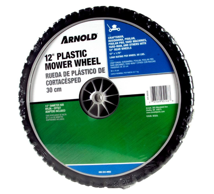 Arnold 12 in. x 1.75 in. Universal Plastic Wheel with 1/2 in. Dia Nylon Offset Hub and Adapters Included