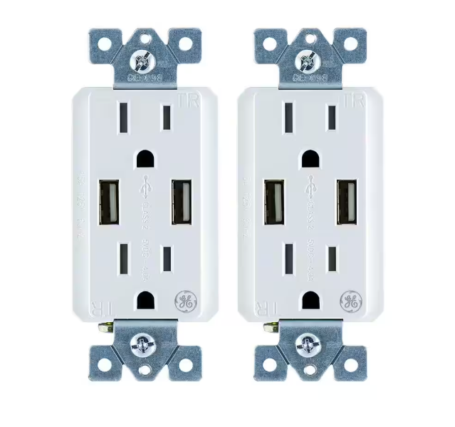 GE 4 Amp High Speed USB Charger Duplex Outlet 15 Amp Tamper Resistant In-Wall Duplex Outlet with Ultra Charge Tech (2-Pack)