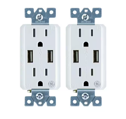 GE 4 Amp High Speed USB Charger Duplex Outlet 15 Amp Tamper Resistant In-Wall Duplex Outlet with Ultra Charge Tech (2-Pack)
