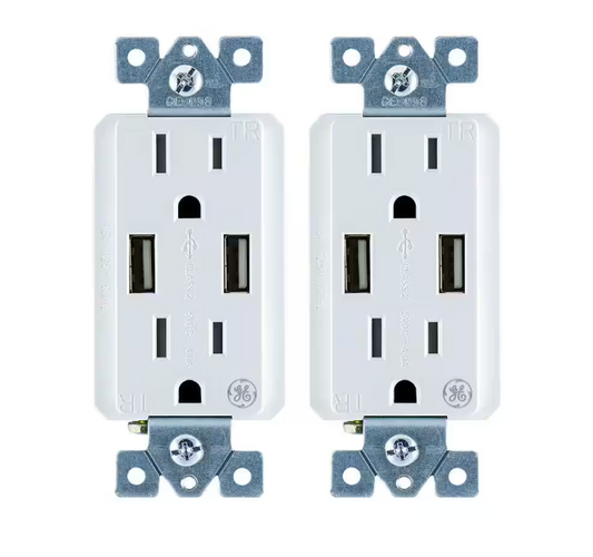 GE 4 Amp High Speed USB Charger Duplex Outlet 15 Amp Tamper Resistant In-Wall Duplex Outlet with Ultra Charge Tech (2-Pack)