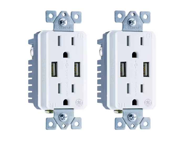 GE 4 Amp High Speed USB Charger Duplex Outlet 15 Amp Tamper Resistant In-Wall Duplex Outlet with Ultra Charge Tech (2-Pack)