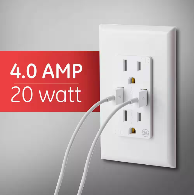 GE 4 Amp High Speed USB Charger Duplex Outlet 15 Amp Tamper Resistant In-Wall Duplex Outlet with Ultra Charge Tech (2-Pack)