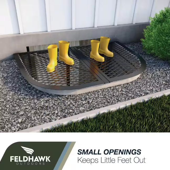 feldhawk 38 in. x 58 in. Steel Powder Coated Black, D - Shaped Egress Window Well Cover Semi-Universal Fit