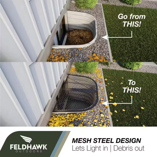 feldhawk 38 in. x 58 in. Steel Powder Coated Black, D - Shaped Egress Window Well Cover Semi-Universal Fit