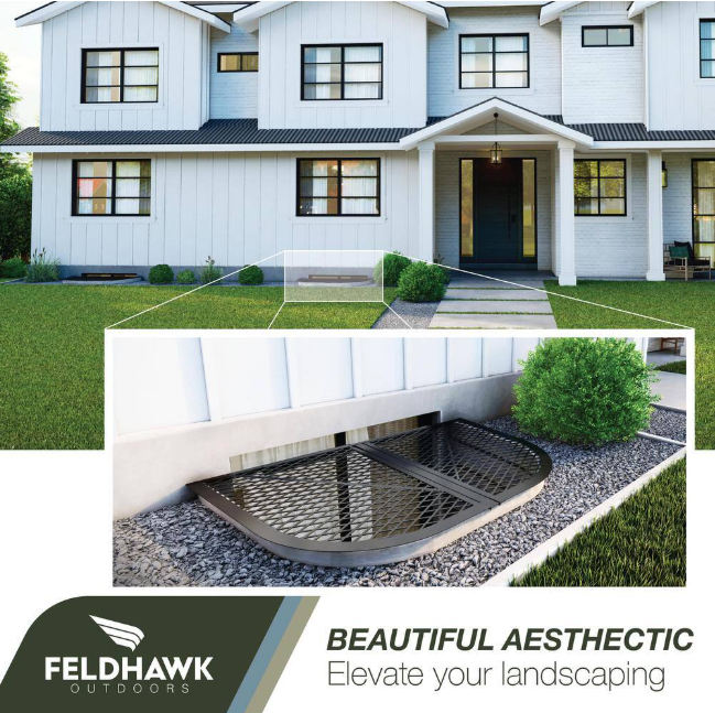 feldhawk 38 in. x 58 in. Steel Powder Coated Black, D - Shaped Egress Window Well Cover Semi-Universal Fit