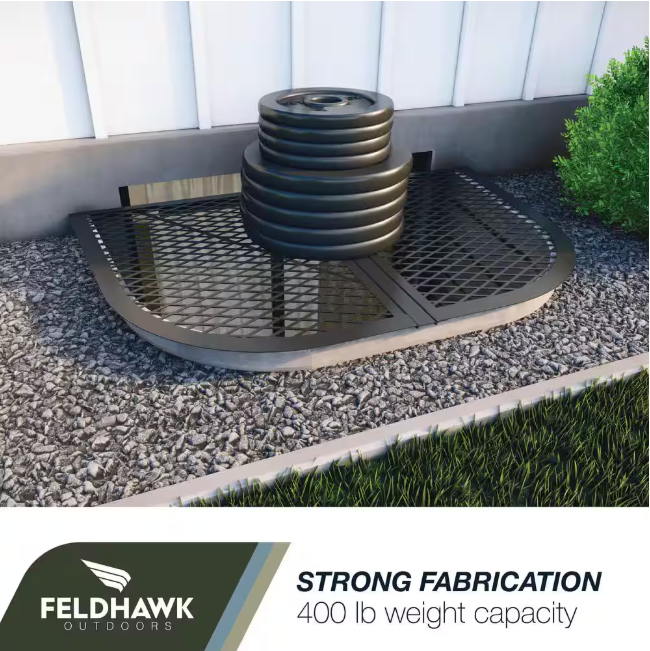 feldhawk 38 in. x 58 in. Steel Powder Coated Black, D - Shaped Egress Window Well Cover Semi-Universal Fit
