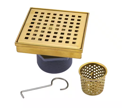 Oatey Designline 4 in. x 4 in. Stainless Steel Square Shower Drain with Square Pattern Drain Cover in Brushed Gold
