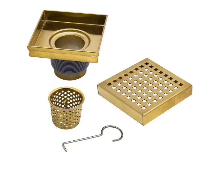 Oatey Designline 4 in. x 4 in. Stainless Steel Square Shower Drain with Square Pattern Drain Cover in Brushed Gold