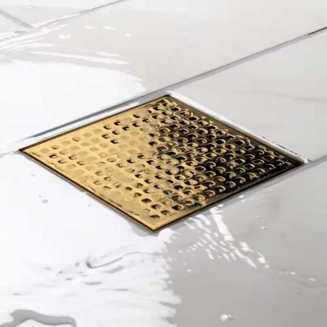 Oatey Designline 4 in. x 4 in. Stainless Steel Square Shower Drain with Square Pattern Drain Cover in Brushed Gold