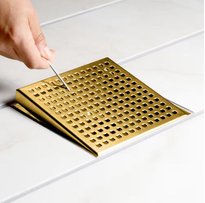 Oatey Designline 4 in. x 4 in. Stainless Steel Square Shower Drain with Square Pattern Drain Cover in Brushed Gold