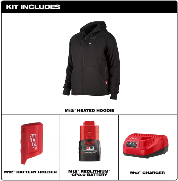 Milwaukee Men's 2X-Large M12 12-Volt Lithium-Ion Cordless Black Heated Jacket Hoodie Kit with (1) 2.0 Ah Battery and Charger
