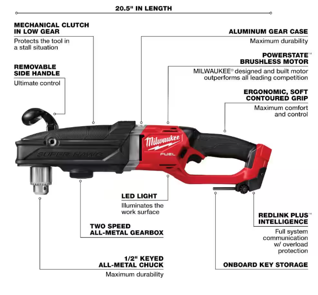 Milwaukee M18 FUEL 18V Lithium-Ion Brushless Cordless GEN 2 SUPER HAWG 1/2 in. Right Angle Drill (Tool-Only)