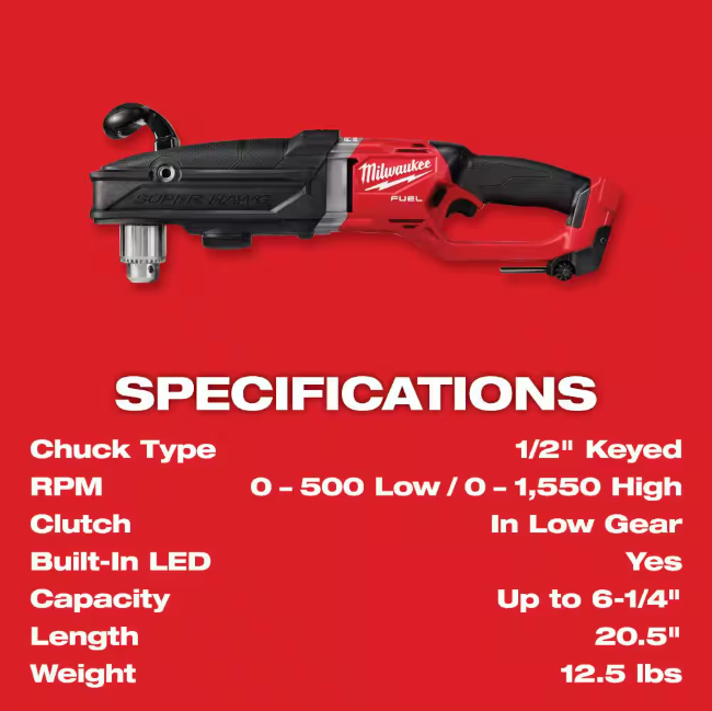 Milwaukee M18 FUEL 18V Lithium-Ion Brushless Cordless GEN 2 SUPER HAWG 1/2 in. Right Angle Drill (Tool-Only)
