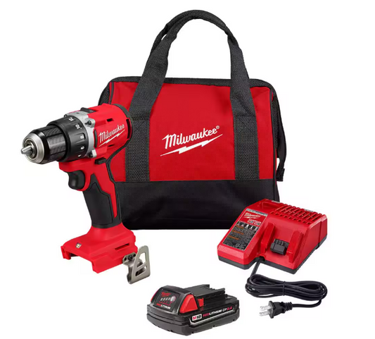 Milwaukee M18 18V Lithium-Ion Brushless Cordless 1/2 in. Compact Drill/Driver with One 2.0 Ah Battery, Charger and Tool Bag