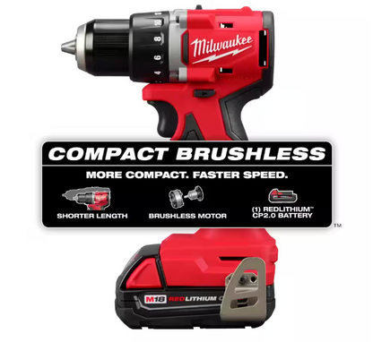 Milwaukee M18 18V Lithium-Ion Brushless Cordless 1/2 in. Compact Drill/Driver with One 2.0 Ah Battery, Charger and Tool Bag
