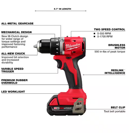 Milwaukee M18 18V Lithium-Ion Brushless Cordless 1/2 in. Compact Drill/Driver with One 2.0 Ah Battery, Charger and Tool Bag
