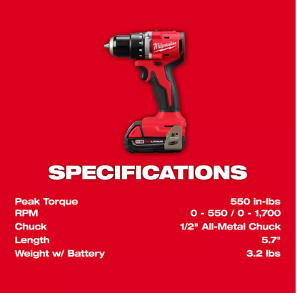 Milwaukee M18 18V Lithium-Ion Brushless Cordless 1/2 in. Compact Drill/Driver with One 2.0 Ah Battery, Charger and Tool Bag