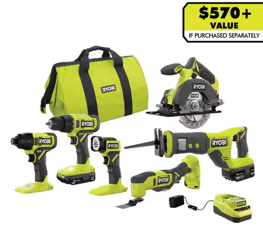 RYOBI ONE+ 18V Cordless 6-Tool Combo Kit with 1.5 Ah Battery, 4.0 Ah Battery, and Charger