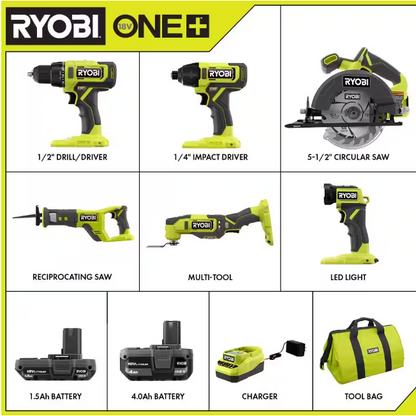 RYOBI ONE+ 18V Cordless 6-Tool Combo Kit with 1.5 Ah Battery, 4.0 Ah Battery, and Charger