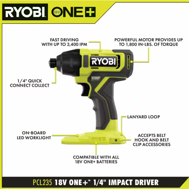 RYOBI ONE+ 18V Cordless 1/4 in. Impact Driver Kit with 1.5 Ah Battery and Charger