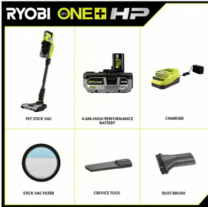 RYOBI ONE+ HP 18V Brushless Cordless Pet Stick Vacuum Cleaner Kit with 4.0 Ah HIGH PERFORMANCE Battery and Charger
