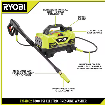RYOBI 1800 PSI 1.2 GPM Cold Water Corded Electric Pressure Washer