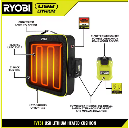 RYOBI USB Lithium Cordless Heated Cushion Kit with (2) 2.0 Ah Batteries and Charging Cable