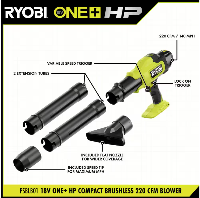 RYOBI ONE+ HP 18V Brushless Cordless 220 CFM 140 MPH Compact Blower (Tool-Only)