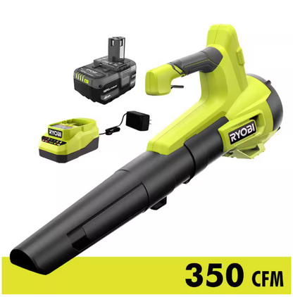 RYOBI ONE+ 18V 100 MPH 350 CFM Cordless Battery Variable Speed Jet Fan Leaf Blower with 4.0 Ah Battery and Charger