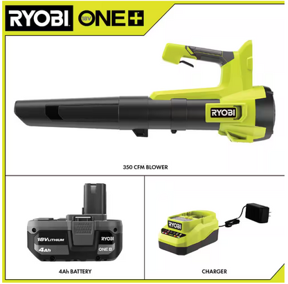 RYOBI ONE+ 18V 100 MPH 350 CFM Cordless Battery Variable Speed Jet Fan Leaf Blower with 4.0 Ah Battery and Charger