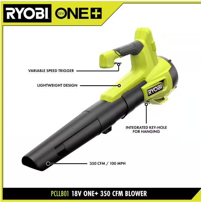 RYOBI ONE+ 18V 100 MPH 350 CFM Cordless Battery Variable Speed Jet Fan Leaf Blower with 4.0 Ah Battery and Charger
