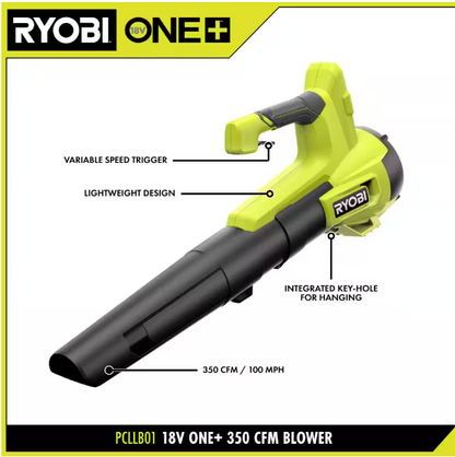 RYOBI ONE+ 18V 100 MPH 350 CFM Cordless Battery Variable Speed Jet Fan Leaf Blower with 4.0 Ah Battery and Charger