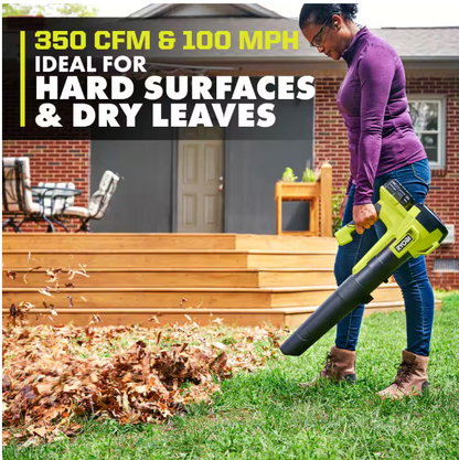 RYOBI ONE+ 18V 100 MPH 350 CFM Cordless Battery Variable Speed Jet Fan Leaf Blower with 4.0 Ah Battery and Charger