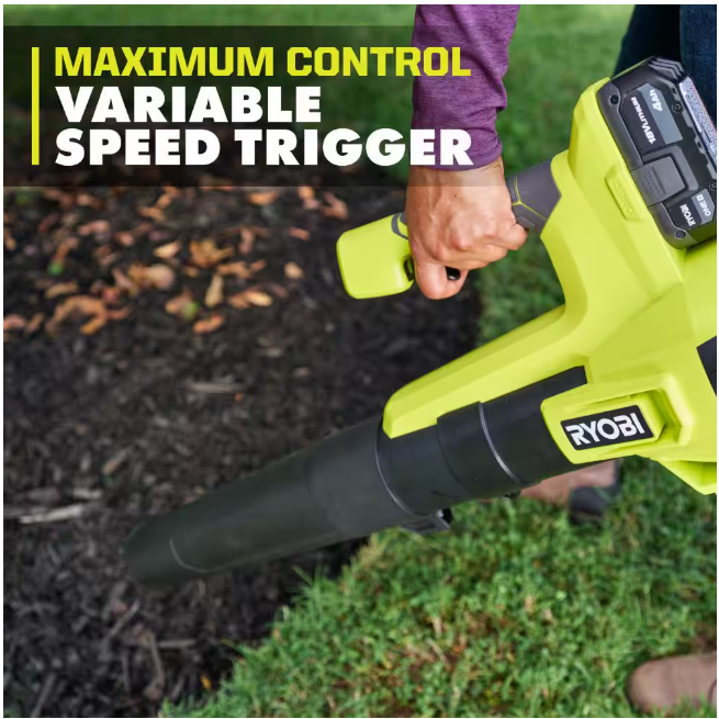 RYOBI ONE+ 18V 100 MPH 350 CFM Cordless Battery Variable Speed Jet Fan Leaf Blower with 4.0 Ah Battery and Charger
