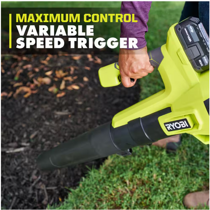 RYOBI ONE+ 18V 100 MPH 350 CFM Cordless Battery Variable Speed Jet Fan Leaf Blower with 4.0 Ah Battery and Charger