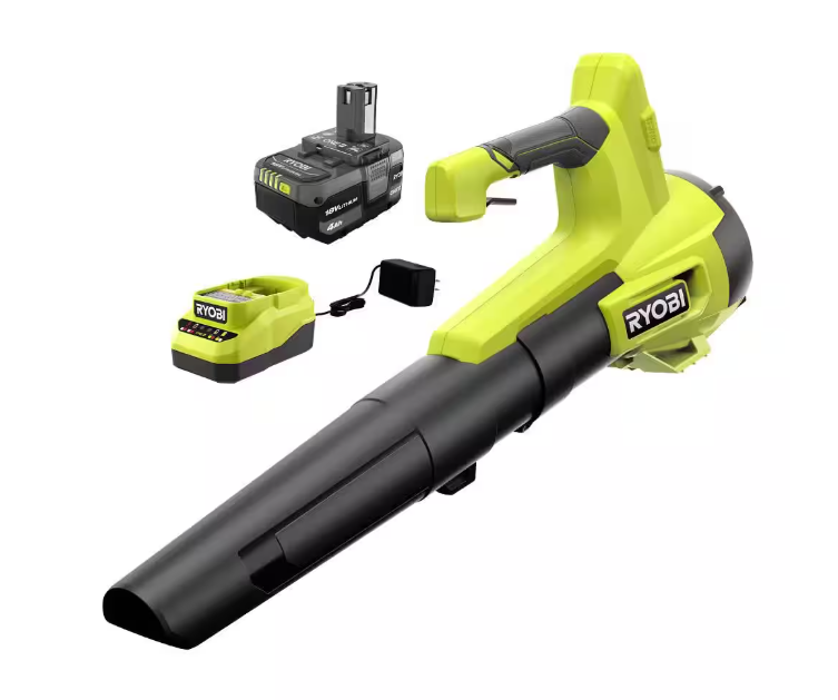 RYOBI ONE+ 18V 100 MPH 350 CFM Cordless Battery Variable Speed Jet Fan Leaf Blower with 4.0 Ah Battery and Charger