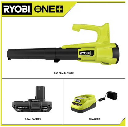 RYOBI ONE+ 18V 90 MPH 250 CFM Cordless Battery Leaf Blower/Sweeper with 2.0 Ah Battery and Charger