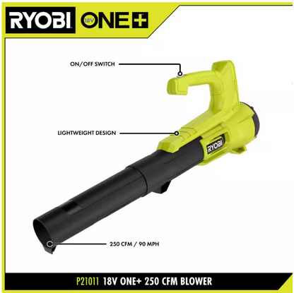 RYOBI ONE+ 18V 90 MPH 250 CFM Cordless Battery Leaf Blower/Sweeper with 2.0 Ah Battery and Charger