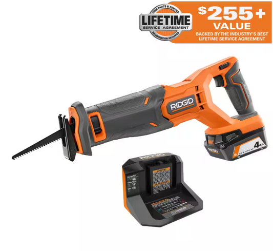 RIDGID 18V Cordless Reciprocating Saw Kit with 4.0 Ah Battery and Charger