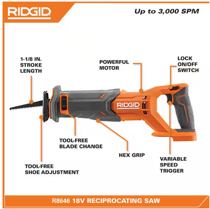 RIDGID 18V Cordless Reciprocating Saw Kit with 4.0 Ah Battery and Charger
