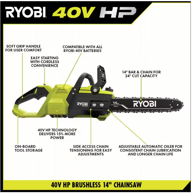 RYOBI 40V HP Brushless 14 in. Battery Chainsaw (Tool Only)