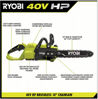 RYOBI 40V HP Brushless 14 in. Battery Chainsaw (Tool Only)
