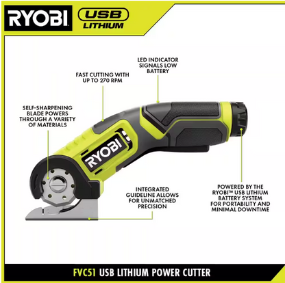 RYOBI USB Lithium Power Cutter Kit with 2.0 Ah USB Lithium Battery and Charging Cable