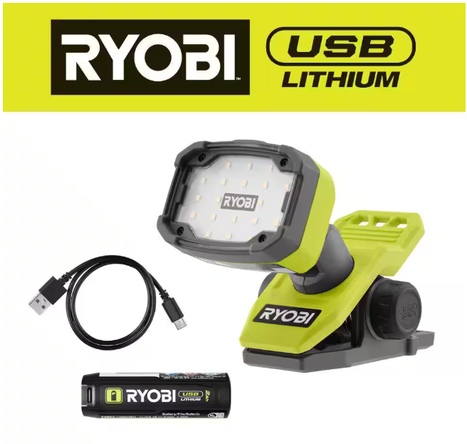 RYOBI USB Lithium Cordless Magnetic Clamp Light Kit with 2.0 Ah Battery and Charging Cable