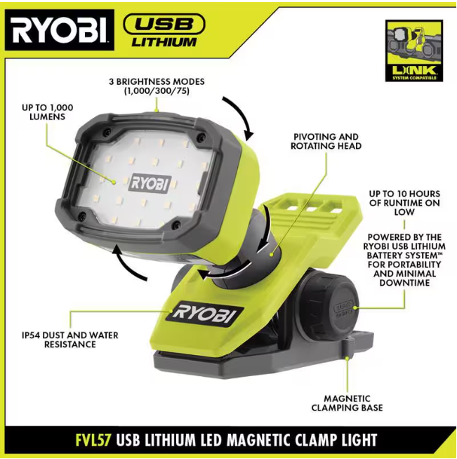 RYOBI USB Lithium Cordless Magnetic Clamp Light Kit with 2.0 Ah Battery and Charging Cable