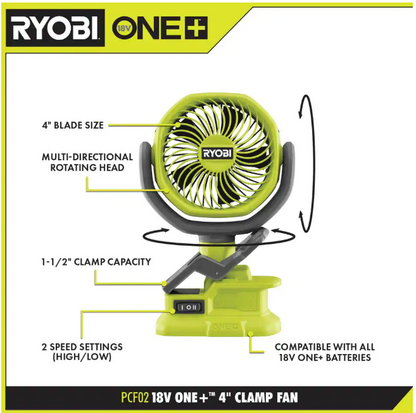 RYOBI ONE+ 18V Cordless 4 in. Clamp Fan (Tool Only)