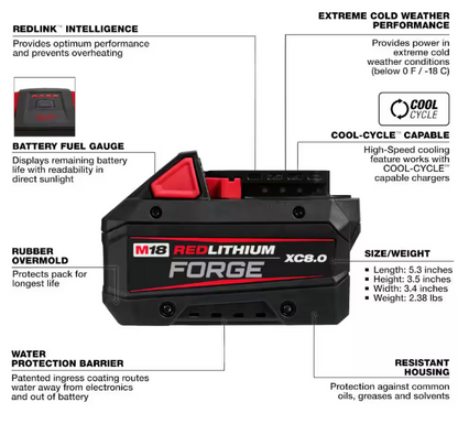 Milwaukee M18 18V Lithium-Ion REDLITHIUM FORGE XC 8.0 Ah Battery Pack