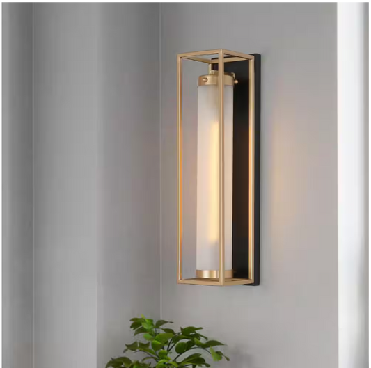 Zevni 1-Light Dark Gold Modern Wall Sconce, Tube Frosted Glass Black Wall Light, Farmhouse Geometric Bathroom Vanity Light