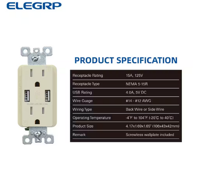 ELEGRP 4.0 Amp Dual USB Ports with Smart Chip, 15 Amp Duplex Tamper Resistant Outlet, Wall Plate Included, Almond (2-Pack)